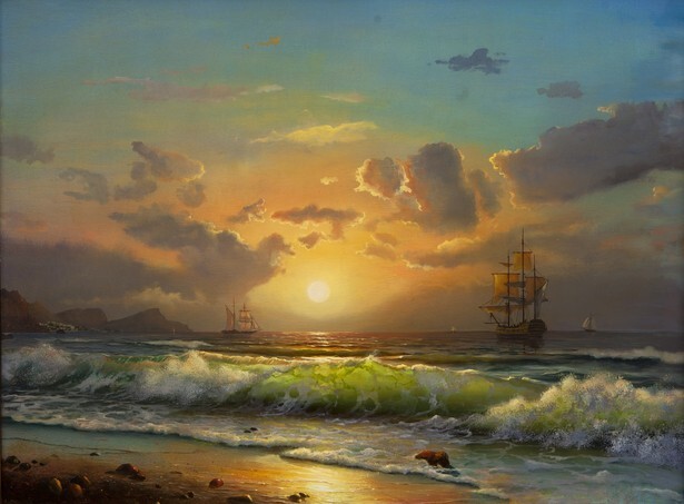 Oil painting - Old sailboats docked at sunset